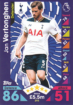 Jan Vertonghen Tottenham Hotspur 2016/17 Topps Match Attax #293